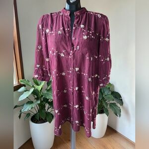Rich Burgandy Embroidered Floral Button-Up Long Tunic Blouse
